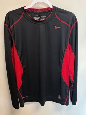 Men's Nike Pro Combat Dri Fit Fitted Long Sleeve Shirt Sz L Red and black
